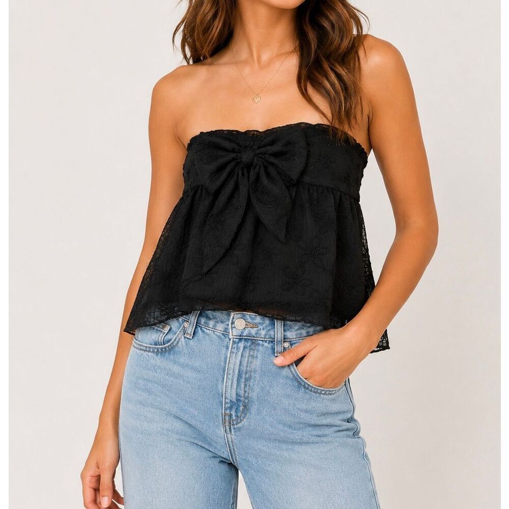 SHEIN Black Strapless Bow Top XS Coquette Sheer Babydoll Tube Top